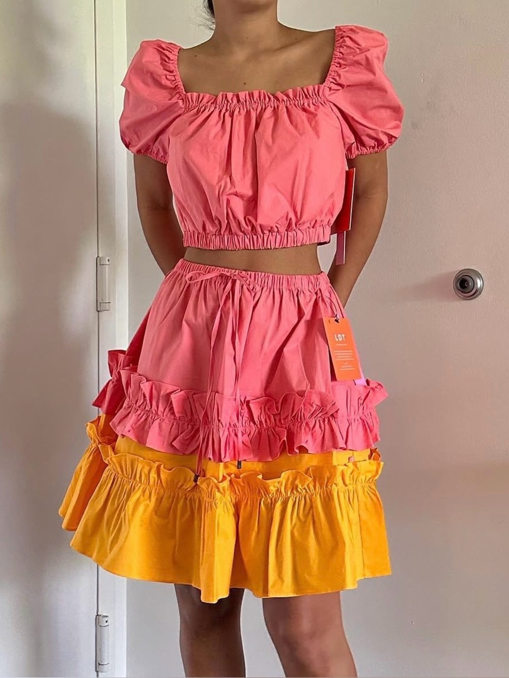 LOT Two-Tone Pink & Yellow Ruffled A-Line Midi Skirt